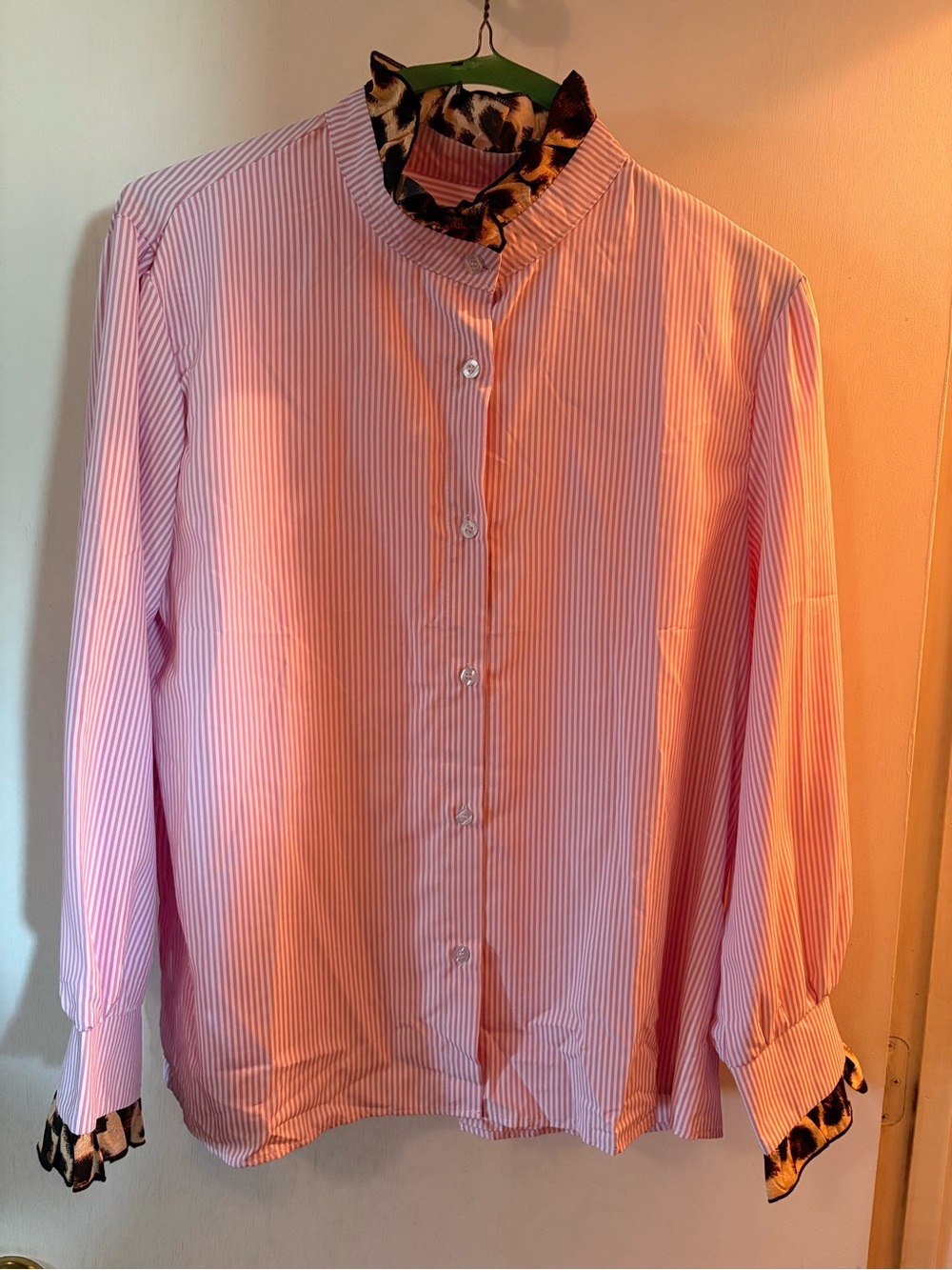Pink Stripe Band-Collar Women’s Shirt with Leopard Trim